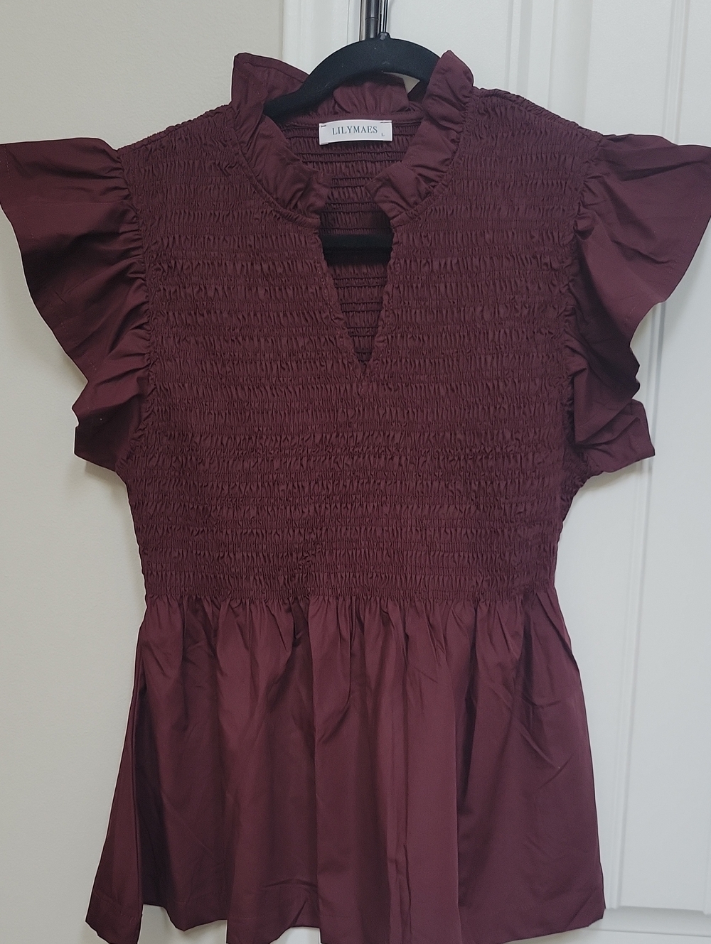 Lily & Mae Smocked Ruffle Sleeve Top in Burgundy